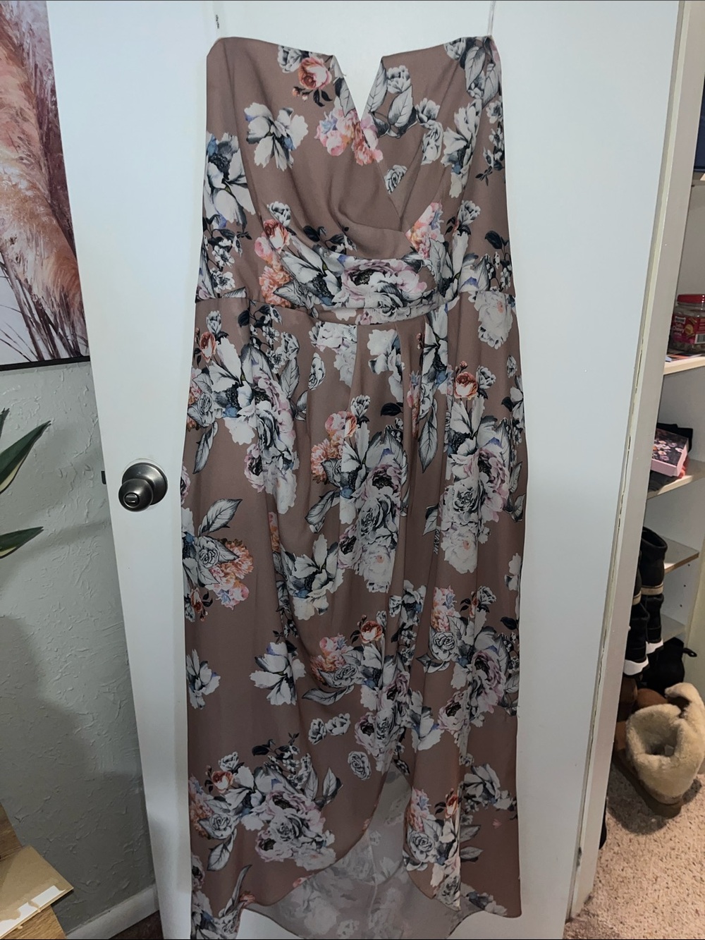 City Chic Taupe Floral Satin-Trim Dress